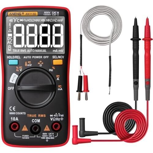 AN113D Intelligent Auto Measure True- RMS Digital Multimeter 6000 Counts Resistance Diode Continuity Tester Temperature AC/DC