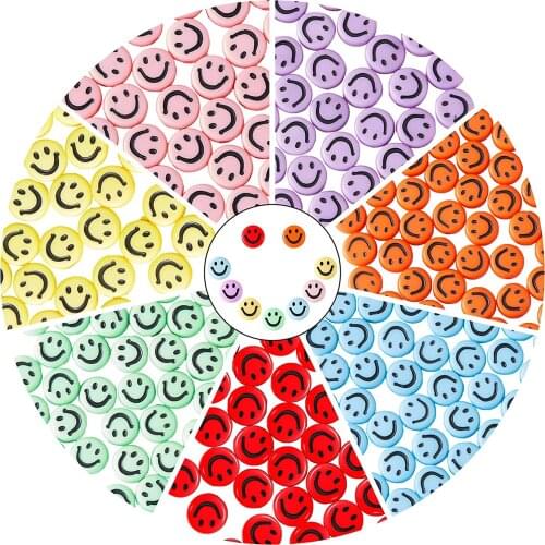 Colorful Smiley Face Acrylic Beads Loose Spaced Round Flat Beads for Jewelry Making DIY Handmade Bracelet Accessories