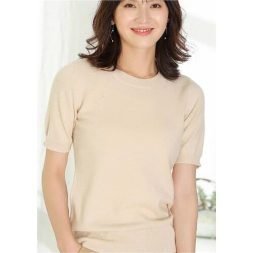 Cashmere thin knit women fashion tshirt tops Oneck pullover short sleeve tees sweater neutral color M-XL