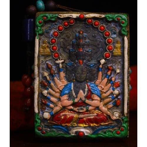 3"Chinese Folk Collection Old Natural meteorite Tracing mosaic Gem Dzi Bead Thousand-Hand Guanyin Quasi tifomu Pendant Amulet