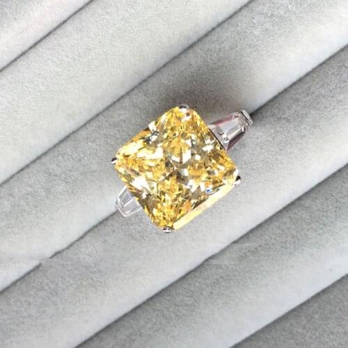 Trendy Luxury Big 925 Sterling Silver Engagement Ring for Women and Ladys Christmas Gifts with Cushion Yellow Diamond Wedding