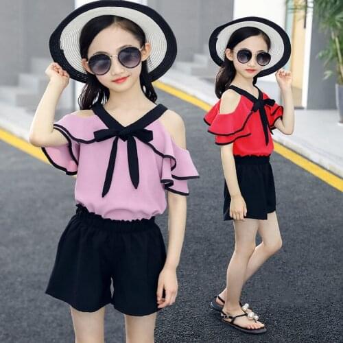 Two-Piece Set Summer Girls Chiffon Clothes Outfits Backless Off Shoulder Straps Tops Shorts Clothes For 4 6 7 8 10 12 14 Years