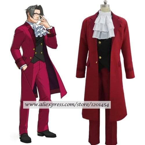 Ace Attorney Miles Edgeworth Red Suit Outfit Cosplay Costume Full Set