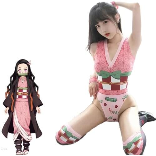 AniLV Japanese Anime Demon Slayer Kamado Nezuko Bodysuit Swimsuit Costume Pink Bodycon Swimwear Uniform Stocking Set Cosplay