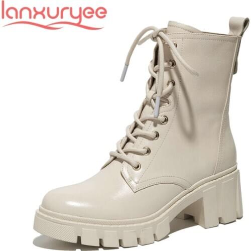 Lanxuryee hot genuine leather top quality round toe high heel winter shoes young lady streetwear fashion solid ankle boots L6f1
