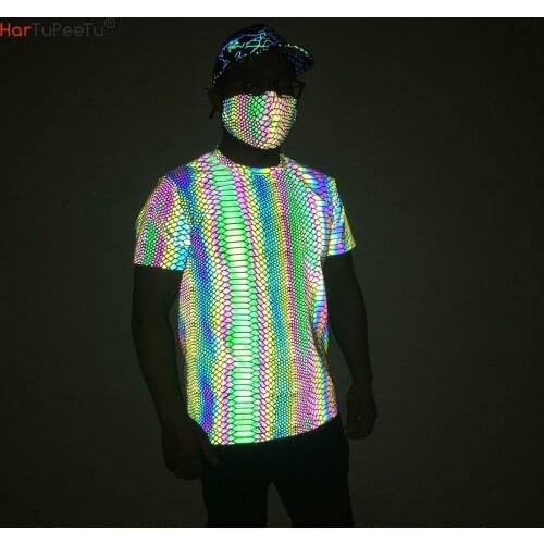 Summer Men Reflective Tshirt Short Sleeve Dazzling Tees Snakeskin Zebra-Stripe Print Plus Size Loose Elastic Hip Hop Party Tops