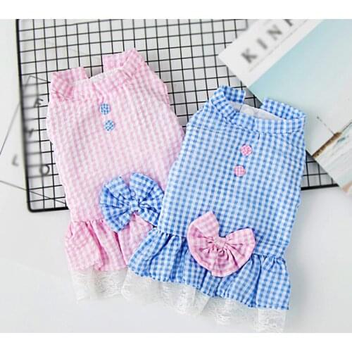Summer Dog Clothes Blue Pink Plaid Lace Cat Dress Flower Bow Princess Dress Pet Puppy Dog Costume Sweet Mesh Dog Skirts Clothing