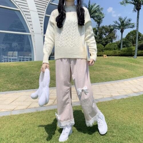 Preppy Style Japanese Kawaii Soft Girl Pants Loose Sweety Bow Cute Lace Pants Elastic Waist Casual Corduroy Straight Pant Women