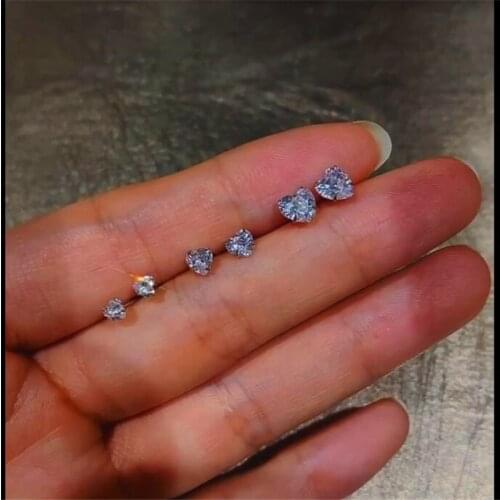 Cute Female Small 3/4/5mm Heart Earrings 925 Sterling Silver Stud Earrings For Women Minimalist White Stone Wedding Earrings