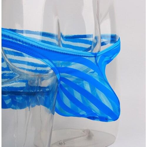 Men Brief Cockring Stripe Sheer See Through Brief Sexy U Convex Pouch Underwear Thongs Brief Gay Wear Underpants Plus Size F10