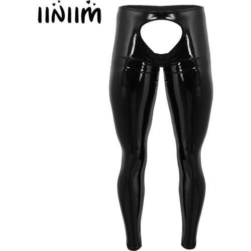 Mens Lingerie Shiny Patent Leather Open Back and Open Pouch Sissy Tight Pants Leggings Trousers Gay Man Nightclub Underwear