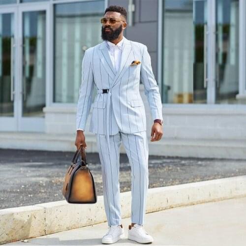 Vertical Strip Mens Suit Peaked Lapel Blazers Tailored Male Tuxedos Belt Button Groom Wear Two Pieces Prom Jackets And Pants