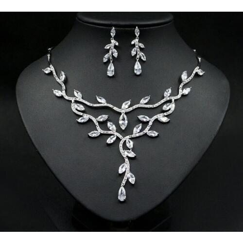 New design sparkling branch leaf shape party wedding jewelry set,high quality fashion zircon necklace earring set for bride