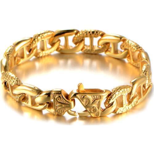 14mm Charming Jewelry 316L Stainless Steel Gold Tone Women Men Cuban Curb Link Chain Bracelet Wristband Fashion Buckle