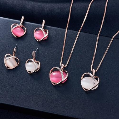 Sweet Opal Rhinestone Inlaid Hollow Metal Heart Pendent Earrings Necklace Set Korean Neck Ear Jewelry Sets for Women Girls Gift