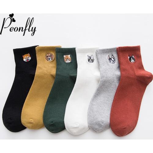 PEONFLY Embroidery Harajuku Lovely Cartoon Kitty Dog Woman Cute Socks Fashion Solid Color Ventilation Cotton Sock Hosiery Autumn