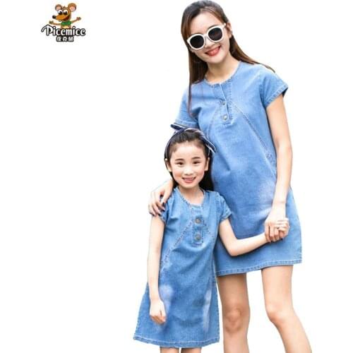 Mother Daughter Dresses 2020 Fashion Summer Mom And Daughter Dress Cotton Jeans Vestido 4-12 Years Girl And Women Cotton Dresses