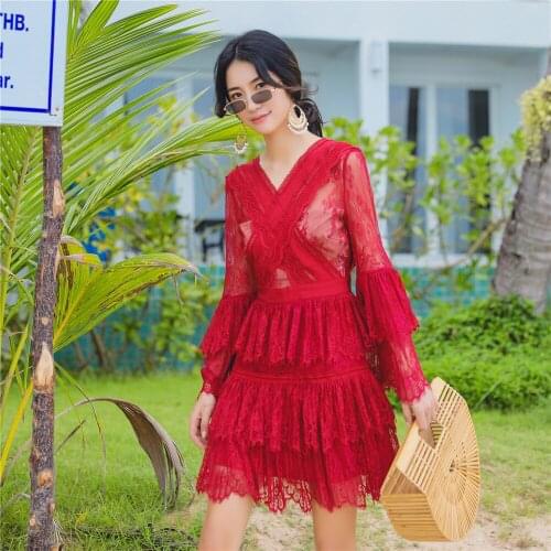 Women Dresses Spring Autumn Red Layered Dress Casual V Neck Elegant Flare Sleeve Celebrity Party Dress Runway Vestidos Bodycon