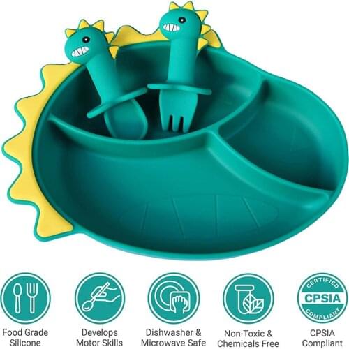 Super Suction Divided Silicone Tableware Plates Cartoon with Fork Spoon Set for Kid Food Grade Silicon Baby silicone bowl plates