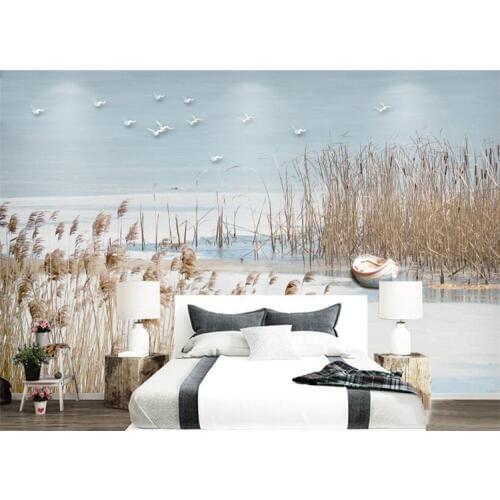 Modern classic fashion silk cloth wall paper Minimalistic Mediterranean reed flowers and birds background 3d wallpaper