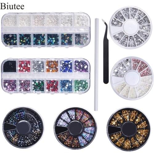 Biutee 7Boxs Nail Art Rhinestone Hollow Studs Gold Silver Clear Flat Bottom Mixed Shape DIY Nail Art 3D Decoration In Wheel Set