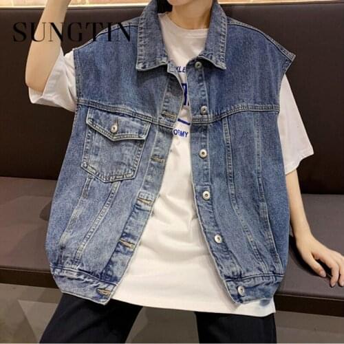 Sungtin Summer Asymmetricl Plus Size Denim Vest Women Black Sleeveless Loose Minimalist Jeans Vests Korean Chic Vintage Vests BF