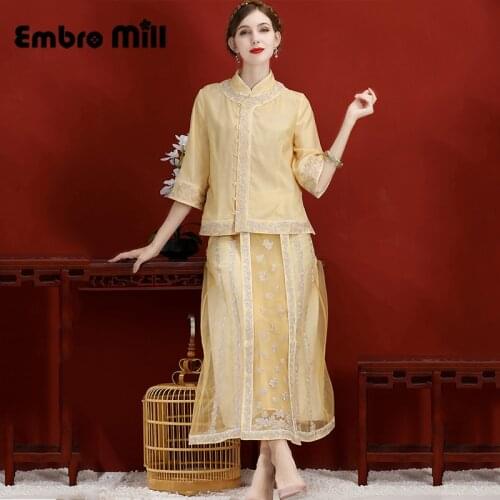 Spring And Summer Chinese Style Female Two-Piece Suit Organza Embroidery Retro Elegant Shirt Top + Floral Half Skirt S-2XL