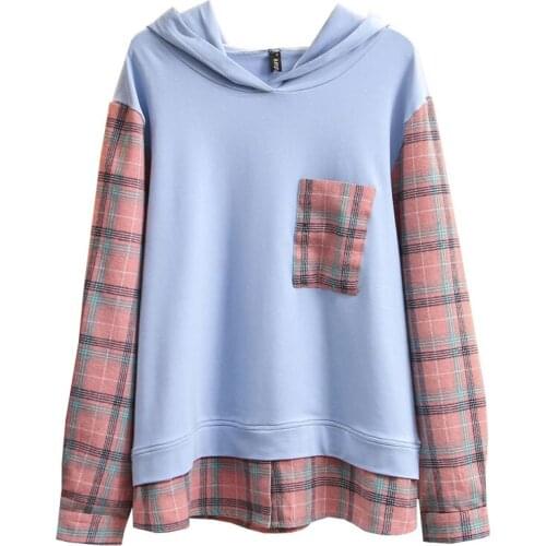 Spring 2021 Women Sweatshirts Plus Size Fashion Casual Clothes Female Hoodies False Two Pieces Hooded Plaid Tops