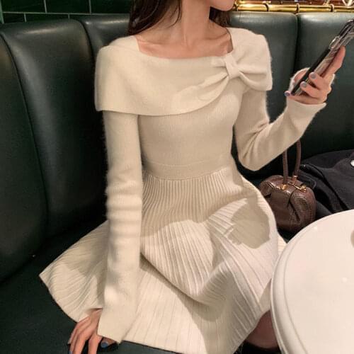 Knit One Piece Dress Korean 2021 Spring Long Sleeve Slim Sweater Dress Women Casual Elegant Office Knit Dress Female Winter Cute