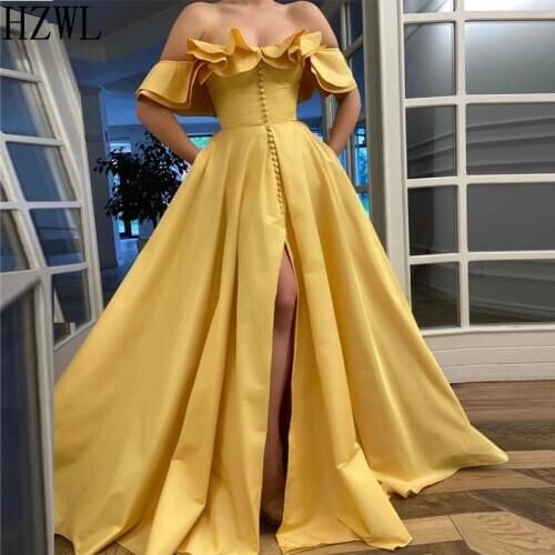 Jasmine Charm Yellow Prom Gown Exquisite Taffeta Fabric Ruffles Buttoned A-Line Style with Split Special Occasion Party Dresses