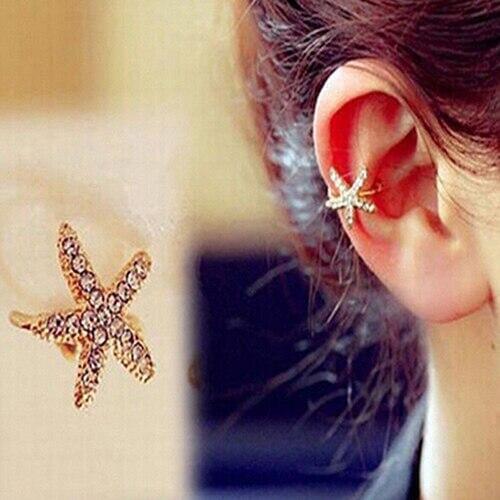 Women Fashion Jewelry Elegant Love Heart Starfish Rhinestone Stud Earrings Ear Clip