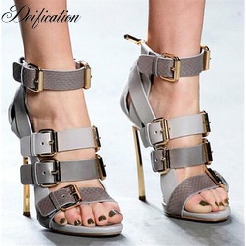 Deification Stylish Buckles High Heels Fashion Ankle Strap Women Gladiator Sandals Cow Leather Runway Ladies Shoes zapatillas