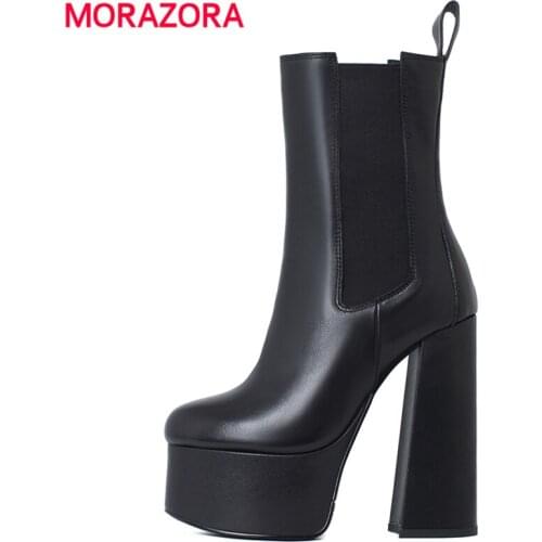 MORAZORA Plus Size 34-41 Full Genuine Leather Boots Women Thick High Heels Ankle Boots Thick Bottom Platform Chelsea Boots Shoes