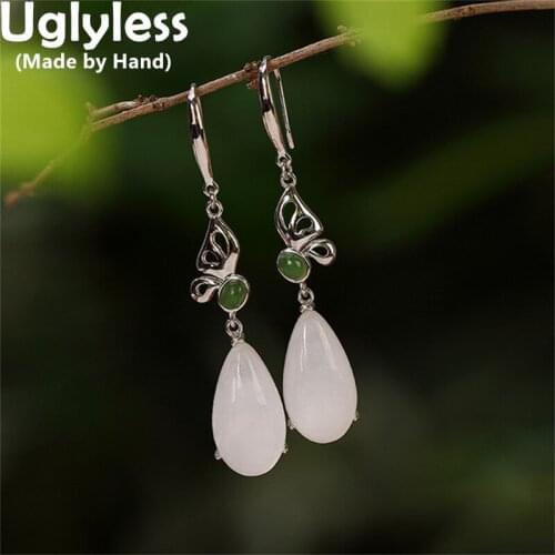 Uglyless Elegant Lady Water Drop Earrings for Women Natural Hotan Jade Gemstones Jewelry 925 Silver Hollow Butterflies Brincos
