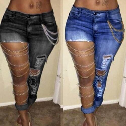 2021 Women Solid Slim Ripped Hole Long Jeans Fashion Women Jeans Mid Rise Exaggerated Ripped Holes Skinny Pencil Pants Trousers