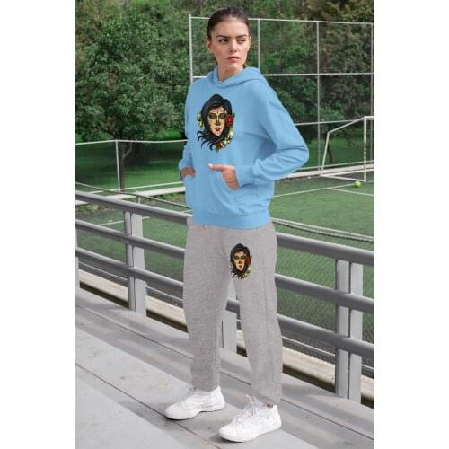 Angemiel Wear Ruhani Meksikalı Beautiful Women Tracksuit Set Blue Hooded Sweatshirt Gray Sweatpants
