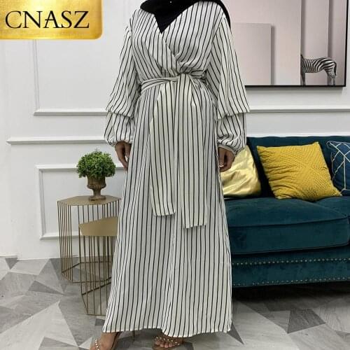 2020 Women Abaya Kimono Dubai Turkey Islamic Clothing Polyester and Cotton Black White Striped Maxi Bandage Muslim Dress
