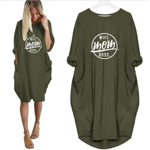 New Fashion Long Sleeves Loose Pocket Dress Wife Mom Boss Printed Dresses Woman Beach Female Clothes Vestidos Dropship