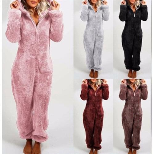 Winter Warm Pajamas Women Fluffy Coral Fleece One Piece Jumpsuits Sleepwear Overall Hooded HomewearSets For Adult