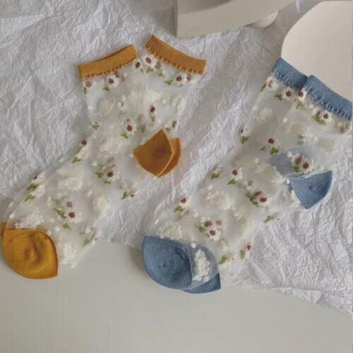1/3 Pairs New Glass Silk Socks Women Cute Flowers Creative Design Japanese Style Socks Ultra-thin Transparent Embroidery Socks