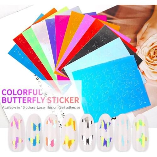 16pcs Holographic Butterfly Nail Stickers 3D Thin Laser Stripe Sticker Butterfly Nail Art Transfer Sticker Set Stickers & Decals
