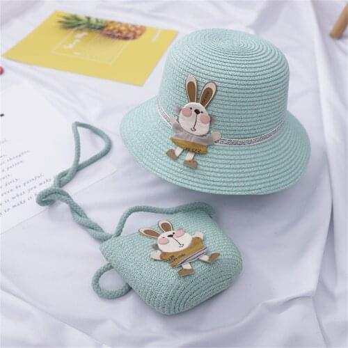 Kawaii Kids Hat Children Girl Summer Sunscreen Sunshade Hat With Rabbit Straw Beach Sun Hat & Straw Bag Панама 2021 Caps