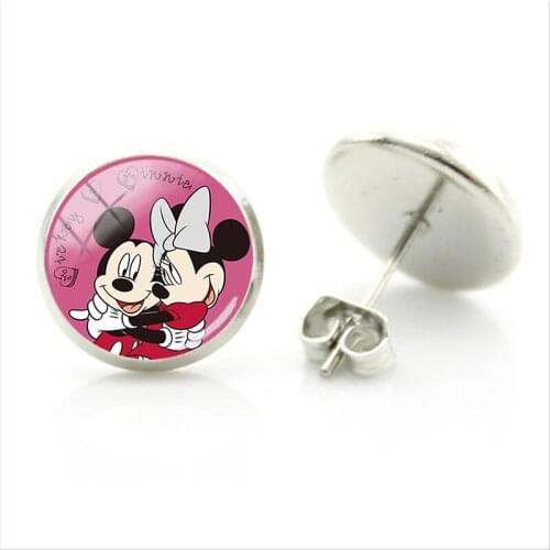 Disney Mickey Minnie Funny Cartoon Animation Round Earrings Mickey Minnie Art Photo Earrings Handmade Glass Dome Earrings