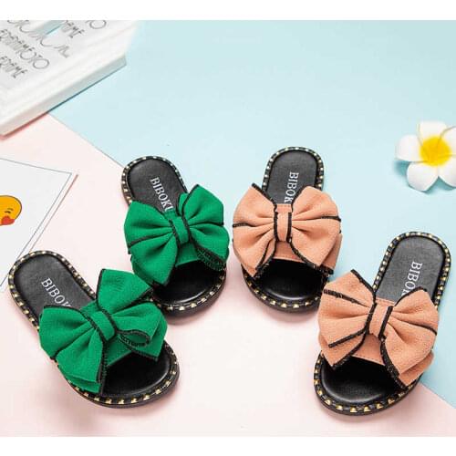 Girls Summer Slippers 2021 Brand New Family Matching Beach Slides with Bowtie Floral Princess Sweet Children Slippers for Beach