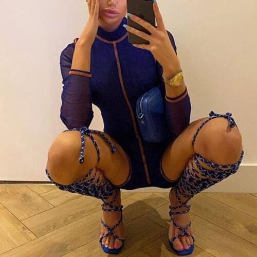 Summer Casual Sexy Skinny Jumpsuit Shorts High Collar Long Sleeve Mesh See-through Back Zipper Pullover Rompers Women Streetwear