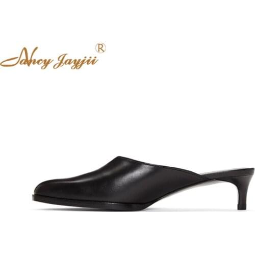 Black Concise Patent Leather Mules 2021 Women’S Home House Closed Toe Med Stiletto Heel Slippers Female Apartment Casual Shoes