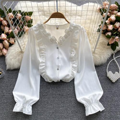 New Sweet Ruffled Collar White Shirt Mujer Single Breasted Elelgant Slim Blouse Patched Ruffles Lantern Sleeve Female Fall Tops