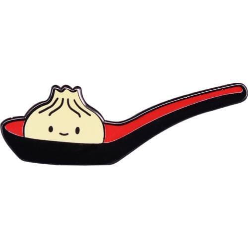 Steamed buns & spoon pin with cute little face classic Chinese food jewelry