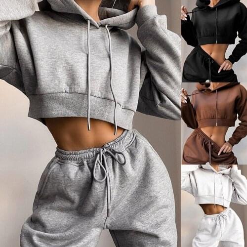 Casual Two Piece Set Women Hoodie Solid Short Tops And Long Pants Sportwear Loose 2 Piece Set Women Sexy Sport Female Tracksuits