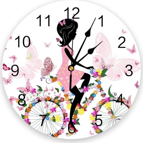 Butterfly Girl Bicycle Flower Pink White Living Room Clock Wall Round Clocks Decor Home Bedroom Kitchen Decoration Wall Clocks
